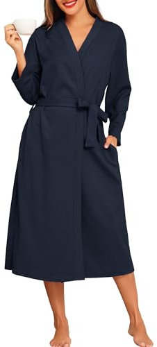 Lovasy Waffle Dressing Gowns for Women UK Cotton Lightweight Spa & Bath Robes for Women Ladies Kimono Dressing Gowns Women's Full-Length Robes with Pockets for Hotel Nursing Pregnancy,Navy Blue,L
