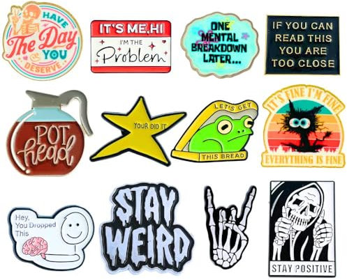 12PC Funny Enamel Pins for Backpacks Bags Hats Vest Fun Cute Meme Silly Weird Cool Spooky Horror Brooch Coffee Tea Pot Frog Lapel Metal Unique Collective Bulk Pin Buttons for Adults Work Novelty,