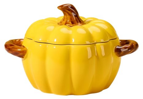 Dowbom Kürbis-Suppentasse mit Deckel, 500 ml, Mikrowellen-Suppenschüssel, Keramik-Suppentasse, Frühstücksschale, Halloween-Dekorationen (gelb)