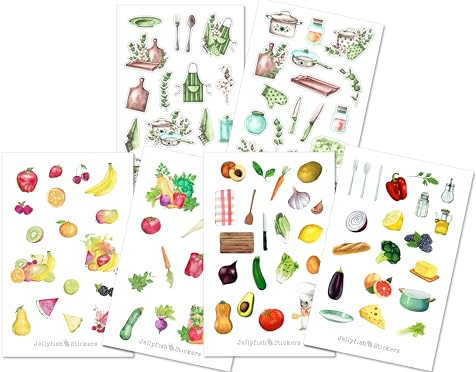 6 Stickerbögen Kochen Sticker Set - Journal Sticker, Planer Sticker, Aufkleber, Sticker Obst und Gemüse, Rezepte, Küche, Kochen, Backen, Geschirr, Essen und Trinken, Kochbuch