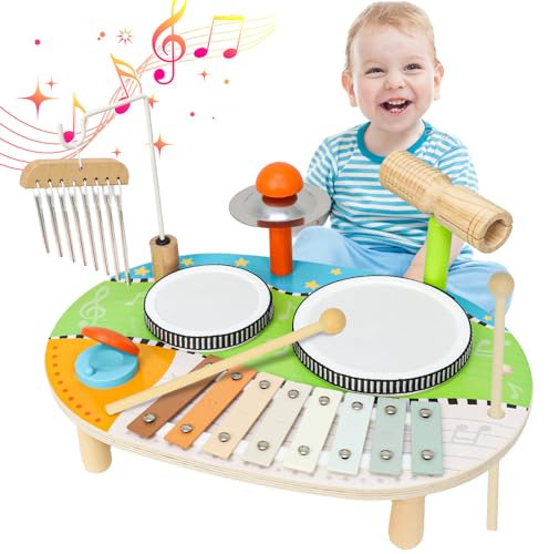 LZDMY Schlagzeug Kinder, 9-in-1 Xylophon Trommel Musikinstrumente für Kinder ab 1 2 3 Jahr, Baby Montessori Holzspielzeug Windspiel für Geburtstag Ostern Weihnacht Geschenk Mädchen Junge Kleinkinder