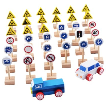 Alasum 35pièces Panneaux De Signalisation Bois pour Apprentissage Circulation Garçon Fille Jouet Éducatif avec Voitures pour Sensibilisation Au Code Routier Et Jeu Collaboratif