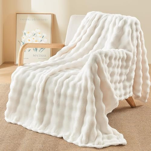 TOPCHANCES Coperta Plaid Pile Divano 130x160cm,450g/M² Tessuto A Singolo Strato Super Morbida In Pelliccia Sintetica Di Coniglio Coperta Riscaldante Per Camera Da Letto,Ufficio E Divano,Bianco