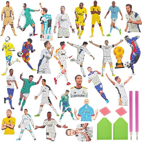 COQOYO Fussball Diamond Painting Kinder Sticker Set, 28pcs Fußball 5D Diamant Mosaik Aufkleber, Mini Diamantmalerei Bilder DIY Mosaikherstellung Basteln Kit für Jungen Mädchen Erwachsene Anfänger