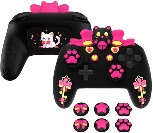 PlayVital Kawaii Silikon Hülle für Nintendo Switch Pro Controller, Anti-Rutsche Schutzhülle Case Skin Zubehör für Nintendo Switch Pro mit Daumengriffkappen und Aufkleber(Sweetheart Kitty-Schwarz)
