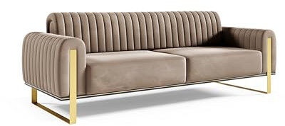 FURNISTAR Premium Pier Sofa 3-Sitzer, Glamour Design, Polstersofa mit drehbarer Rücklehne, Couch, Sofagarnitur, Wohnzimmer, goldene Metallfüße, Velour-Stoff - Cappuccino