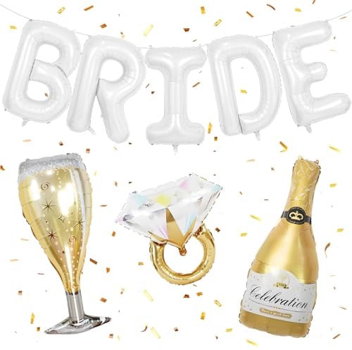 40inch Bride Balloons White Letters Banner, Bachelorette Party Decorations Set with Diamond Ring Champagne Bottle Balloon Glass Foil Balloon for Bachelorette Engagement Wedding Bridal Shower Decor