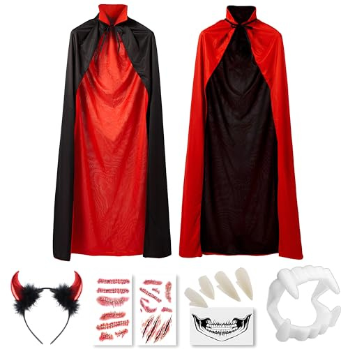 Halloween Vampir Umhang Erwachsene mit Kragen | Cape Vampir Kostüm Schwarz Rot Doppelseitig für Halloween Karneval Cosplay mit Teufel hörner, Temporäre Tattoos und Dentures