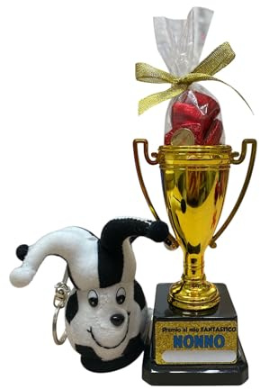 Trofeo Premio Nonno con Peluche Portachiavi e Cioccolatini, Coppa 6,5 x 14 cm, Regalo Festa dei Nonni (BiancoNero)