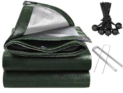 PVEGOS 3 x 4m Waterproof Tarpaulin, 120GSM PE Tarp with 6 Bungee Balls and 6 Stakes, Reinforced Eyelets for Garden Furniture, DIY and Outdoor Storage