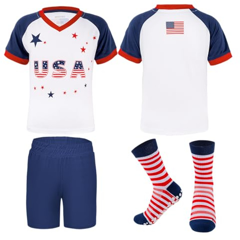 MUDJEAN Team USA Soccer Jersey Kit Girls US Soccer Jersey Kids USA Flag Shirt Youth American Shirt Quick Dry White 9-10 Years