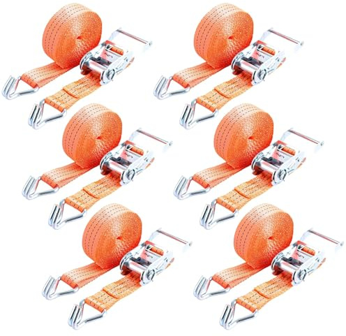 LOLYSIC 6 Stück 3,7 cm x 6 m Spanngurte mit Ratsche und Haken (2000 kg Bruchkraft) – hochwertige Zurrgurte mit Ratsche in orange – perfekt zum Bewegen und Sichern von Ladung auf LKWs und Motorrädern