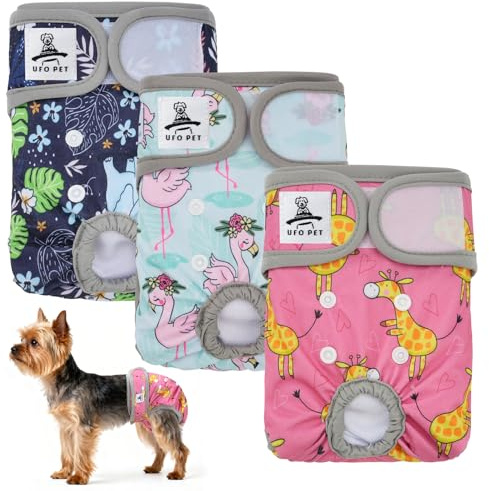 UFO PET Pañales Perro Hembra Lavables XS (3 Piezas), Pañales para Perros Hembra Reutilizables y Altamente Absorbentes, Pañal Perro Hembra con Botones Ajustables