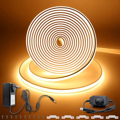 FWoche COB LED Streifen warmweiß 5m 24V, LED Strip Superhell IP67 Neon | Wasserdicht, mit dimmer und Adapter, Selbstklebend, zuschneidbar, Silikon Flexibel Lichtleiste für Innen Aussen Deko, CRI90+