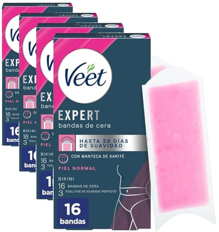 Veet Expert Bandas de Cera Fría Depilatoria para Depilación de Ingles, Área del Bikini, con Manteca de Karité, 16 tiras (Paquete de 4)