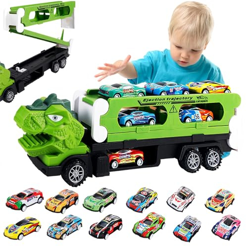 2-in-1 Dinosaurier Transporter Set mit 12 Metall-Spielzeugautos, Tragbare Dinosaurier Rennstrecke für Kinder - Spielzeugauto Set, Transport Truck & Rennbahn Geschenk für Jungen 3-8 Jahre
