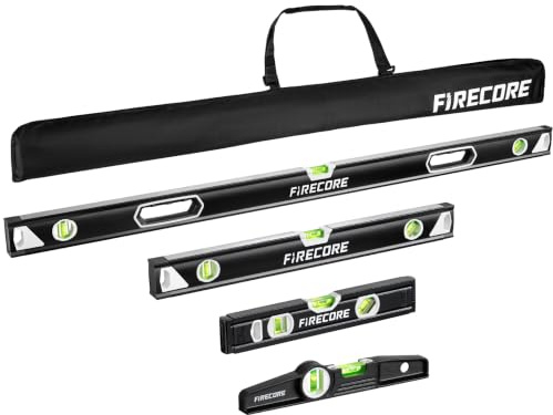 Firecore Spirit Level Set 4pcs (120cm, 60cm, 30cm, 25cm) -Magnetic Bubble Level Tools with Nylon Bag, Shockproof Aluminium Box Beam Levels for Builders, DIY, Carpentry, Construction & Home Improvement