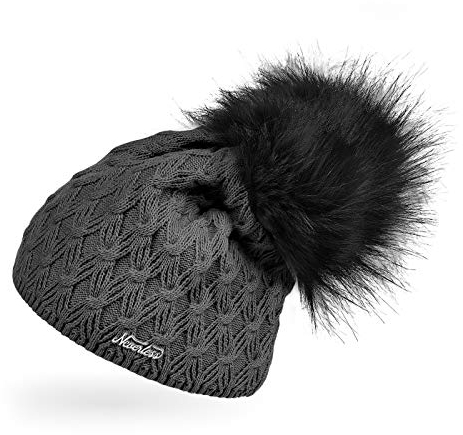 Neverless® Damen Strick-Mütze gefüttert Fell-Bommel Kunstfell Winter-Mütze Bommelmütze dunkelgrau Unisize