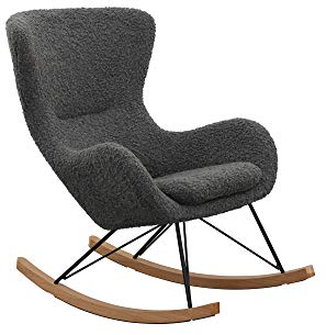 SalesFever Schaukelstuhl SKAL | Bezug Teddyfell in Grau | Kufen Massiv-Holz | Gestell Metall schwarz | Rocking-Chair im skandinavischen Design
