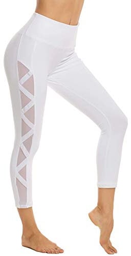 romansong Damen Mesh Leggings Yoga Hose mit Tasche Nicht Durchsichtig Capri Hohe Taille Bauch Kontrolle 4-Wege-Stretch - Weiß - Groß