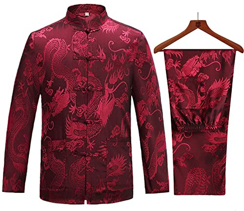 wecotton Tang Suit Men Chinese Traditional Clothes Kung Fu Shirt Uniform Long Sleeved Coat Tops and Pants (Red, X-Large)