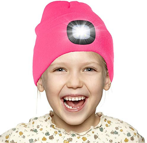 Attikee Kids LED Beanie with Headlamp - Rechargeable 4 LED Lighted Hat with Torch, Adjustable Brightness Winter Knit Cap for Cycling, Running, Camping, Night Walking for Boys & Girls Pink