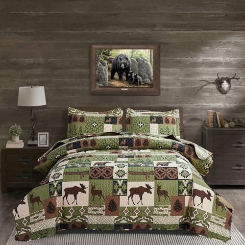 ARL HOME Rustikales Bettwäsche-Set, King-Size, Hüttensteppung, Tagesdecke, Elchbär, Steppdecke, Country, Patchwork, Wald, Tier, wendbar, Rustikal, Bettbezug-Set, Leichter Druck, Olivgrün