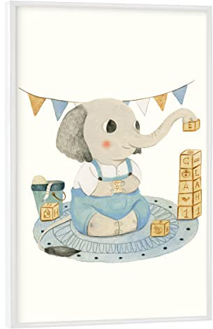 artboxONE Poster mit weißem Rahmen 60x40 cm Für Kinder Elefant mit Würfeln - Bild kinderzimmer Children Elefant
