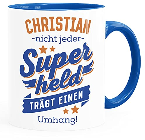 SpecialMe® Kaffee-Tasse Superheld Spruch Nicht jeder Superheld trägt einen Umhang mit Namen persönliche Geschenke Danke Held blau Keramik-Tasse