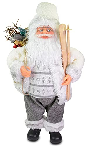 Goldschmidt Große Weihnachtsmannfigur Santa stehend mit Ski | XL Figur Weihnachtsmann 60cm groß | Santafigur grau mit Gesckenkesack Dekofigur