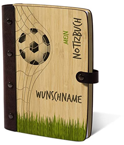 Kartenmachen.de Kinder Notizbuch Tagebuch individuell Bambus Cover mit UV-Druck mit Echtleder Rücken 72 Blätter | 144 Seiten DIN A5 hoch 158 x 222 mm - Fußball