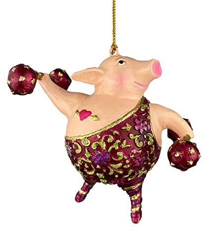 ecosoul Christbaumschmuck Figur Schwein Sportler Fitnessstudio Ball Hanteln handbemalt Weihnachten Baumschmuck Deko Anhänger Christbaumschmuck 10 cm 1 Stück (rot mit Hanteln)