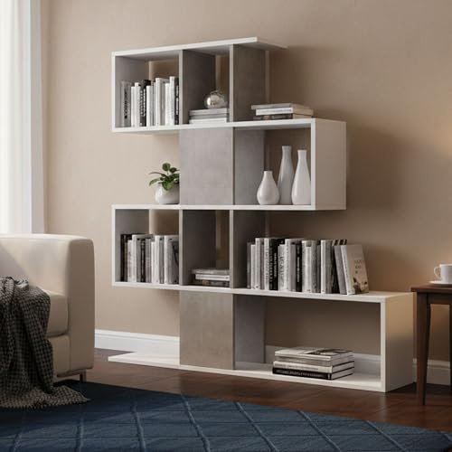 Dmora - Bücherregal Hoya, doppelseitige Bibliothek mit 5 Regalen, Zickzack-Regal für Bücher, Wandschrank mit Regalen, 100 % Made in Italy, 145 x 29 x 145 cm, Weiß und Zement