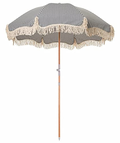 NWB Gestreifter Sonnenschirm Gartenschirm Terrassenschirm, aus Holz, mit Fransen und 8 Streben, Winkelverstellbar, Ampelschirm für Strand Schwimmbad Deck