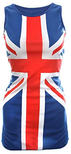Robe classique pour femme avec drapeau du Royaume-Uni rouge, blanc et bleu – Icônes de la musique des années 90, Brit Pop, VE Day, déguisement de couronnement du roi, bleu, Taille XS