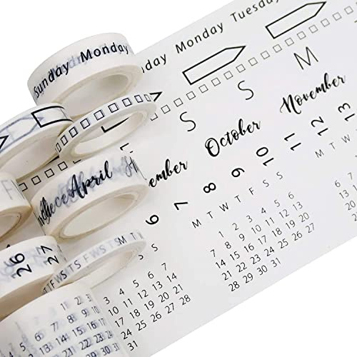 LiuliuBull Set Of 8 Calendar Washi Tape Set, Date Day Week Month Number Calendar Washi Masking Tape, Masking Tape For Arts Crafts Journal Planner