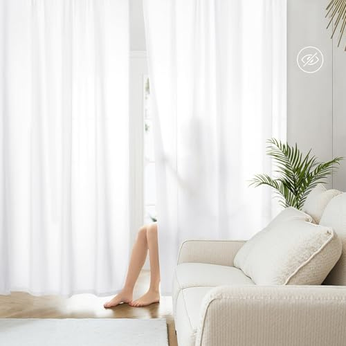 HOMEIDEAS Non-See-Through White Privacy Sheer Curtains 52 X 84 Inches Long 2 Panels Sheer Curtains Light Filtering Window Curtains Drapes for Bedroom Living Room