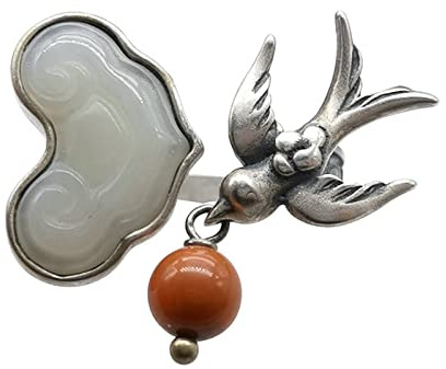 AMDXD 925er Sterling Silber Ringe, Bird Jade Silberringe für Damen, Gothic Ring mit Achat Rot, Verstellbar, Silber, Echt Silber Schmuck
