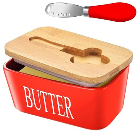 Lovelyduo Ceramic Butter Dish with Bamboo Lid Large Butter Keeper Container with Curler Knife and Double Silicone Sealing Butter Holder Rectangle Red