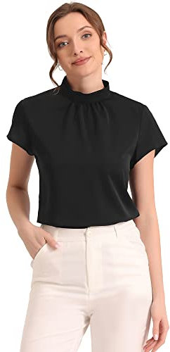 Allegra K Damen Bluse Sommer Kurzarm Stehkragen Chiffon Business Oberteil Flügelärmel Elegant Top Schwarz M