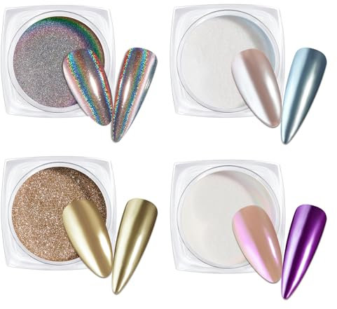Beetles Chrome Nail Powder Mirror Effect Holographic Shell Mirror Kit for Gel Polish Nail Art Decoration 4 Colors 0.5g/Jar