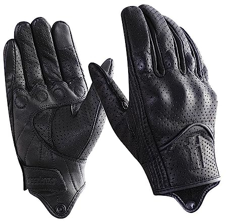 Harssidanzar Herren Motorradhandschuhe Ziegenleder Vollfinger Atmungsaktives und Perforiertes Design Touchscreen Sommer Motorradhandschuhe CM043EUA,C3-Schwarz,Größe L