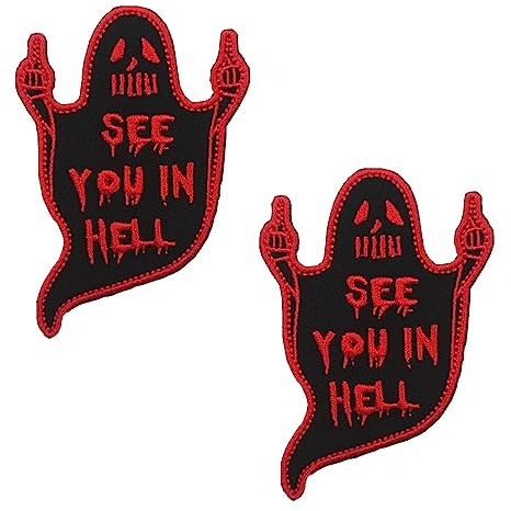 Zcketo Patch,2 Stücke Wir sehen uns in der HölleSee You in Hell Patch Roter Geist Lustiger Aufnäher für Kleidung Taschen Rucksack Uniform Weste Hundegeschirr Militär Taktisch Patch Kollektor