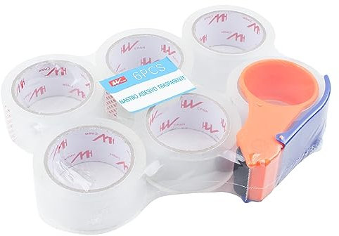 6 Pezzi Nastro Adesivo Trasparente e Dispenser per Nastro Adesivo,Nastro da Pacchi, Resistente,Forte per Imballaggio, 48 mm x 66 m, Per le Famiglie e Gli Uffici