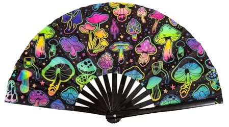 Qchengsan UV Glow Rave Hand Fan,Festival Fan,Large Folding Hand Rave Fan for Festival,Halloween,Rainbow Outfits for Women & Rave Accessories,Clack Hand Held Fan for Party,Folding Fan (Waves)