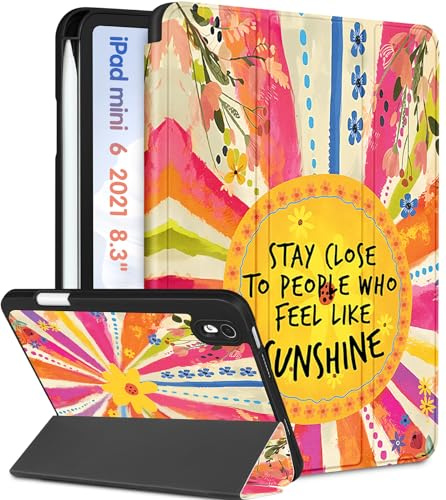 Wazzasoft for iPad mini 7 Case - for iPad mini 6th/7th Generation Cases Women Girls Cute Folio Cover Girly Flower Rainbow Design Pencil Holder for Apple Mini 6 2021/Mini 7 A17 Pro 2024 Case 8.3 Inch