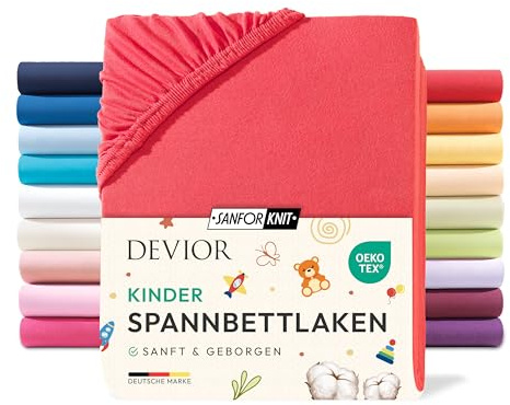 Devior Jersey Kinderspannbettlaken 60x120cm - 70x140cm, 100% Baumwolle, Matratzenhöhe bis 12cm, Rot – 135 g/m² Anti-Statisches, atmungsaktives Bettlaken mit Einlaufschutz, Matratzenbezug Rot