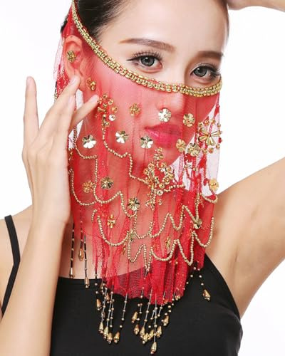 Grouptap Belly dance half face veil costume with gold beaded clover for womens girls arabian egyptian dancing (Red)