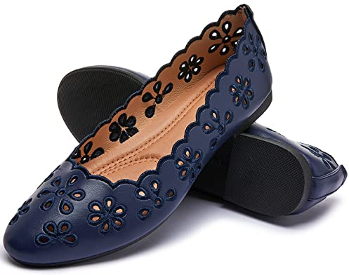 FRACORA Women's Ballet Flats Black PU Leather Dress Shoes Comfortable Round Toe Slip on Flats with Breathable Eyelets(Navy.US8.5)