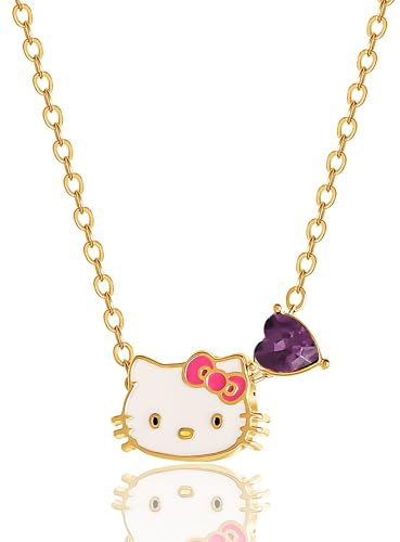 Hello Kitty Sanrio Womens February Birthstone Necklace 16+2, 18kt Gold Flash-Plated Necklace Official License